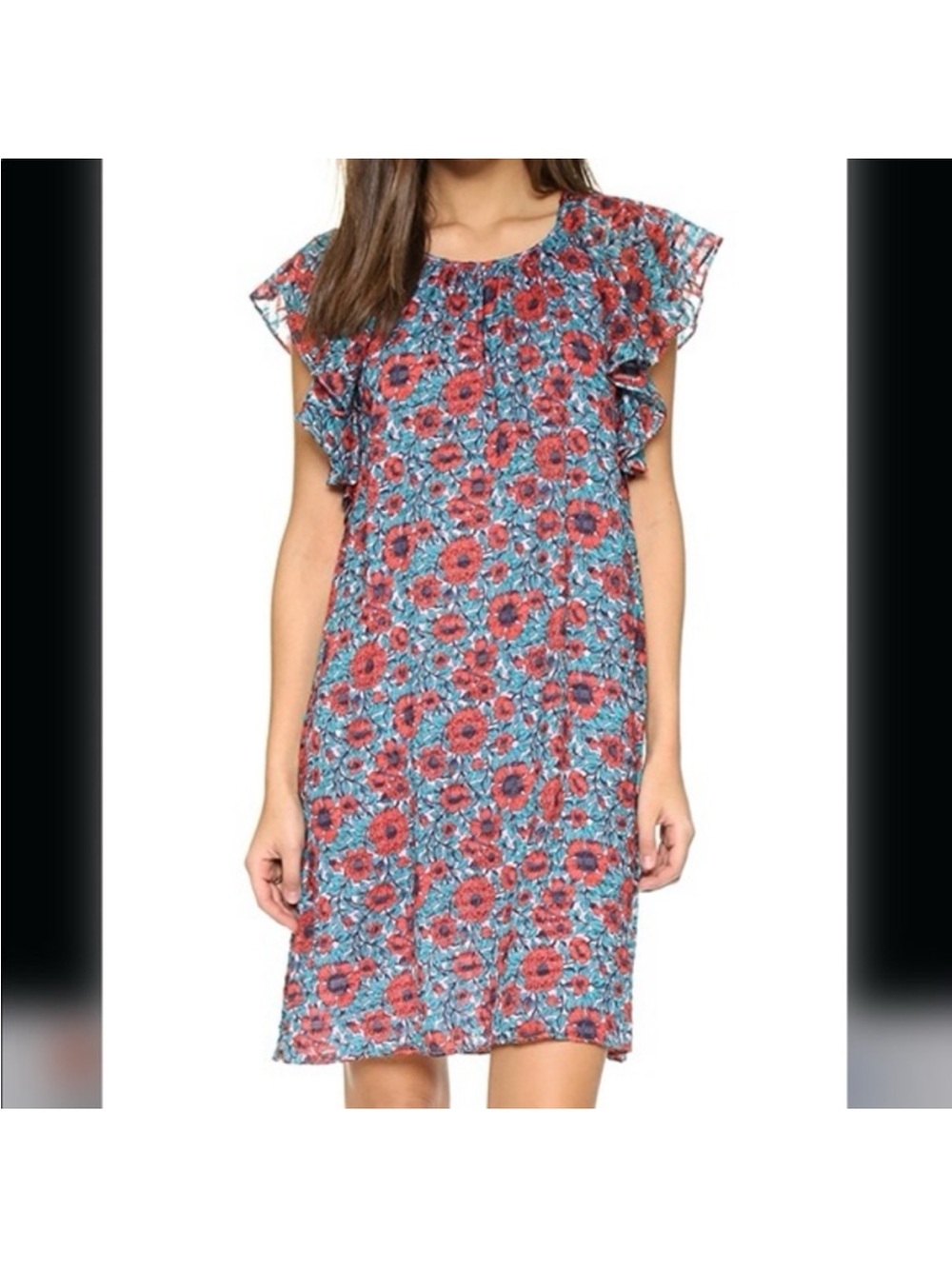 Rebecca Taylor Blue Floral Mini Dress with Red Flowers